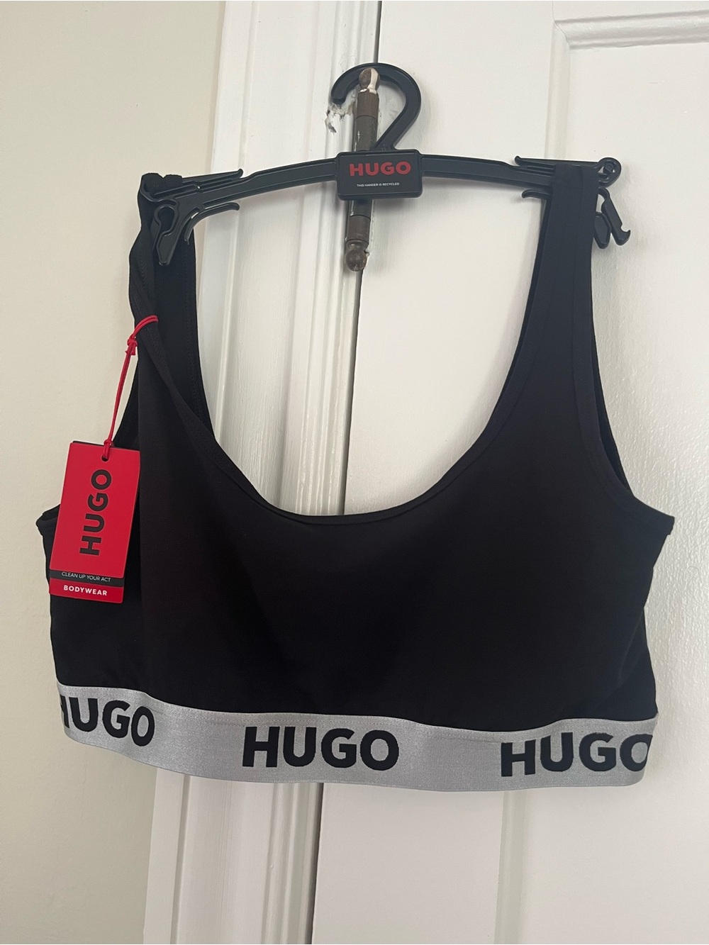 HUGO Black Bralette with Silver Logo Band Size L